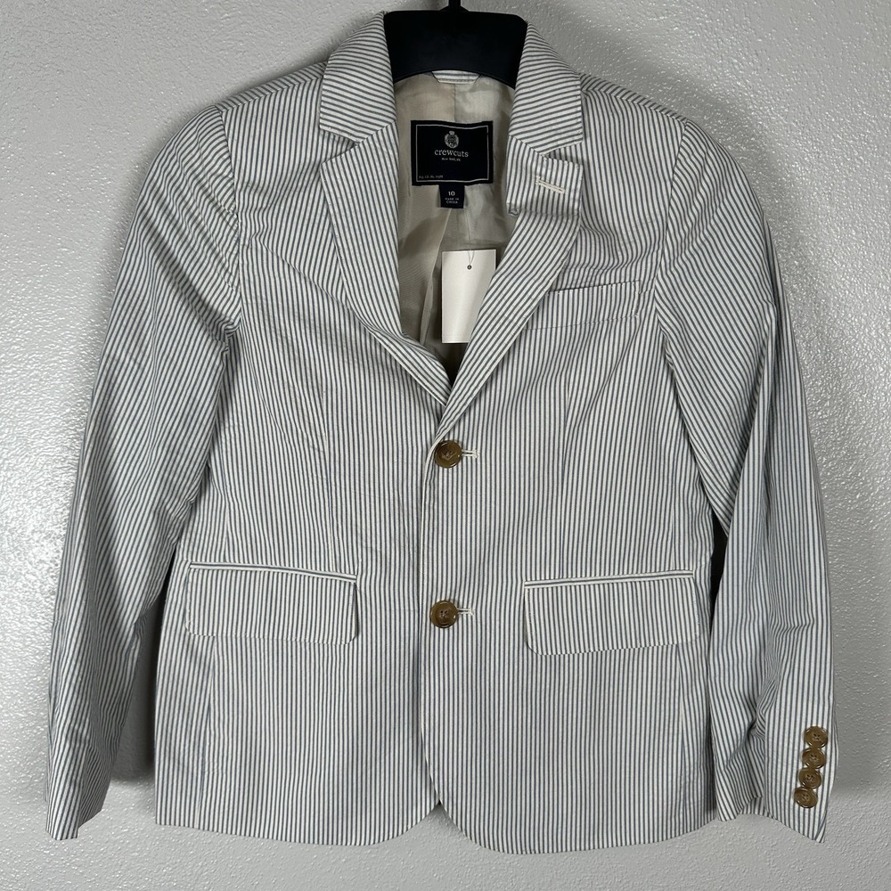 NEW Crewcuts J. Crew Seersucker Blazer Boys 10 Blue White Striped Cotton‎ Lined